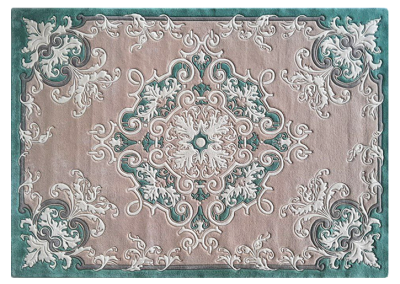 "Classic rectangular wool rug handcrafted in pastel green and beige by Carpet Studio"