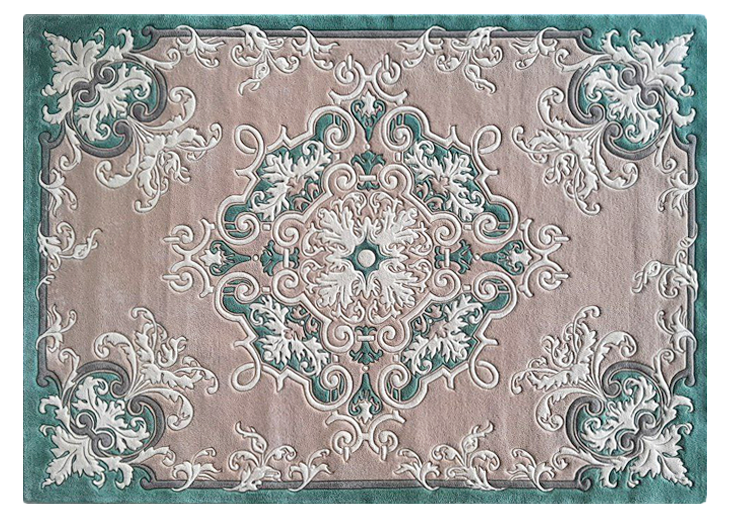 "Classic rectangular wool rug handcrafted in pastel green and beige by Carpet Studio"