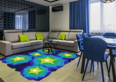 colorful carpet with stylized stars and irregular edge