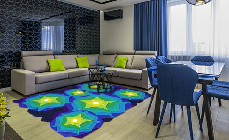 colorful carpet with stylized stars and irregular edge