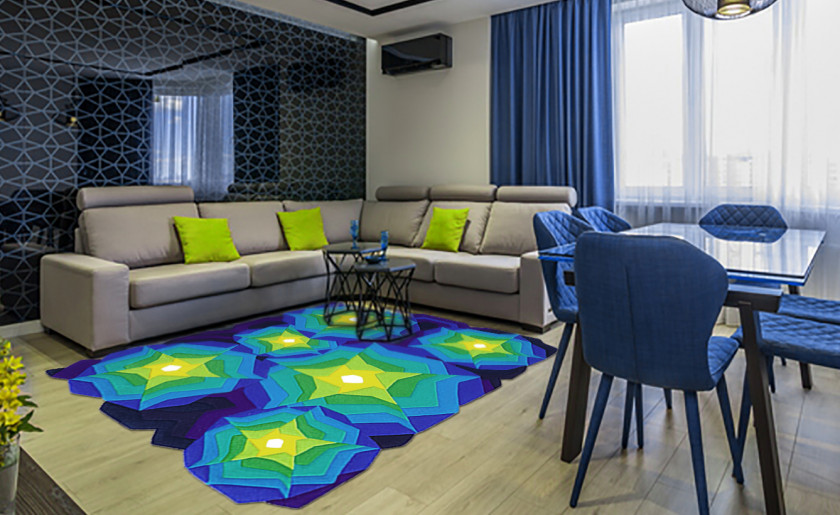 colorful carpet with stylized stars and irregular edge