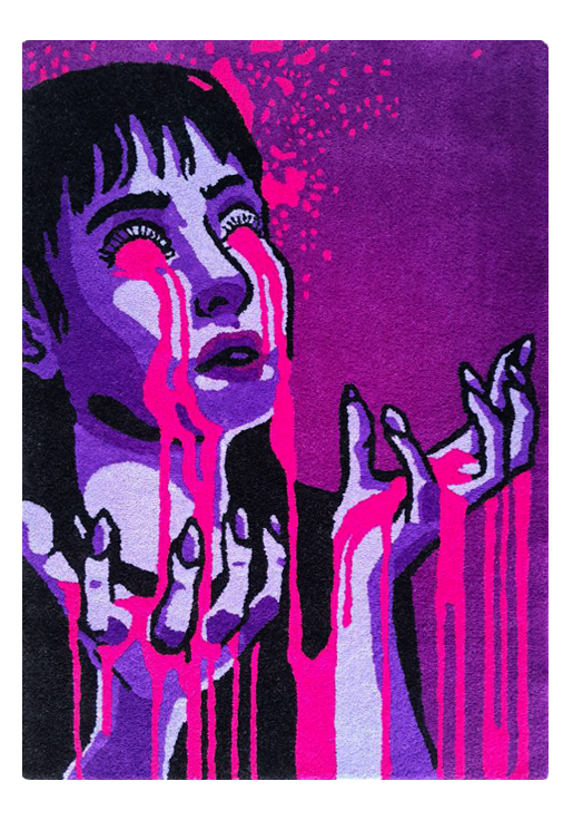 Artistic handmade rug depicting a woman with bloody tears