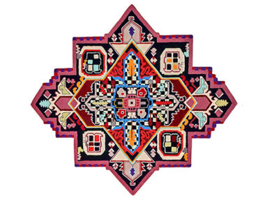 Boho Style Irregular Shaped Replica Carpet This carpet is crafted as a replica of a popular rug. Since the original rug was handwoven, the designers were tasked with recreating the same rug using a different carpeting technique - hand tufting. The carpet's design is executed in the Boho style (also known as "gypsy style"). Its irregular symmetrical shape and the rug's pattern with asymmetrically placed colours will become a vibrant element in any interior.
