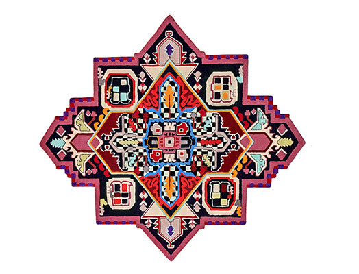Boho Style Irregular Shaped Replica Carpet This carpet is crafted as a replica of a popular rug. Since the original rug was handwoven, the designers were tasked with recreating the same rug using a different carpeting technique - hand tufting. The carpet's design is executed in the Boho style (also known as "gypsy style"). Its irregular symmetrical shape and the rug's pattern with asymmetrically placed colours will become a vibrant element in any interior.