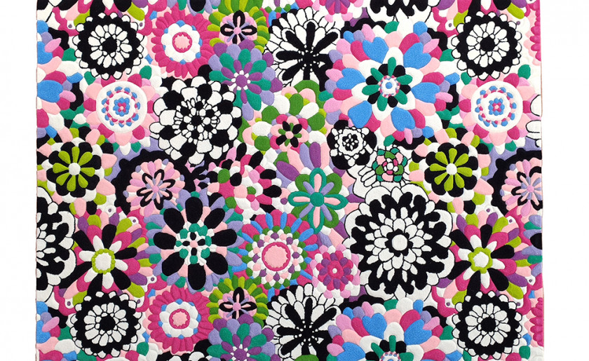 Pop Art Floral Carpet This bright, stylish carpet with a floral pattern is made in a pop art style, conveying a joyful sense of youth and cheerfulness. It is perfect for a young girl's room. The carpet is made from eco-friendly British wool using the hand-tufting method. The hand trimming highlights its unique design. This carpet will be a beautiful addition to any interior.