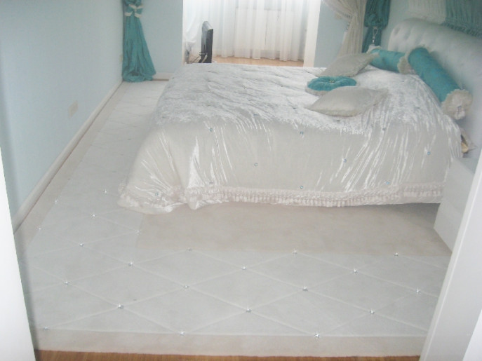 Custom bedroom rug with Swarovski crystals, fitted to room layout and color scheme