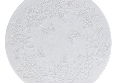 Round white carpet with two textures and relief floral pattern